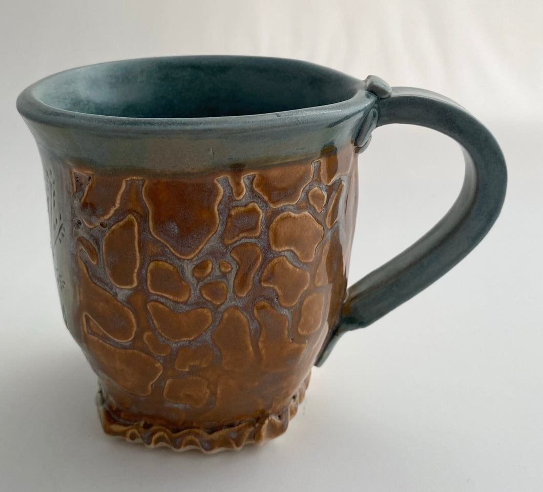 Hand Built Stoneware Pottery Coffee Tea Mug Cup 12 oz. Stone Wall Botanical Crimped Foot