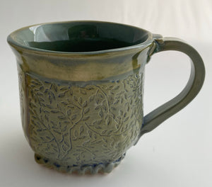Hand Built Stoneware Pottery Coffee Tea Mug Cup 12 oz. Leaves Botanical Blue Green