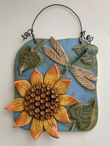 Hand Made Ceramic Stoneware Wall Art Hanger Plaque Sunflower Dragonfly Nature