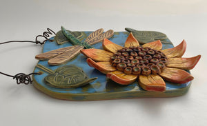 Hand Made Ceramic Stoneware Wall Art Hanger Plaque Sunflower Dragonfly Nature