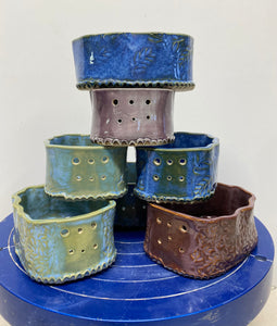 Hand Made Stoneware Pottery Herb Stripper Bowl Dark Blue Leaves Ceramic