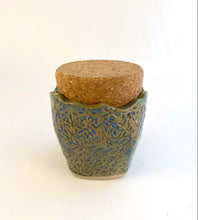 Load image into Gallery viewer, Small Pottery Sugar Bowl Spice Storage Jar Cork Lid Blue Green Leaves