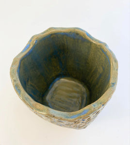 Small Pottery Sugar Bowl Spice Storage Jar Cork Lid Blue Green Leaves