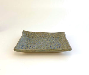 Hand Made Stoneware Pottery Trinket Small Soap Dish Gray Blue Leaves