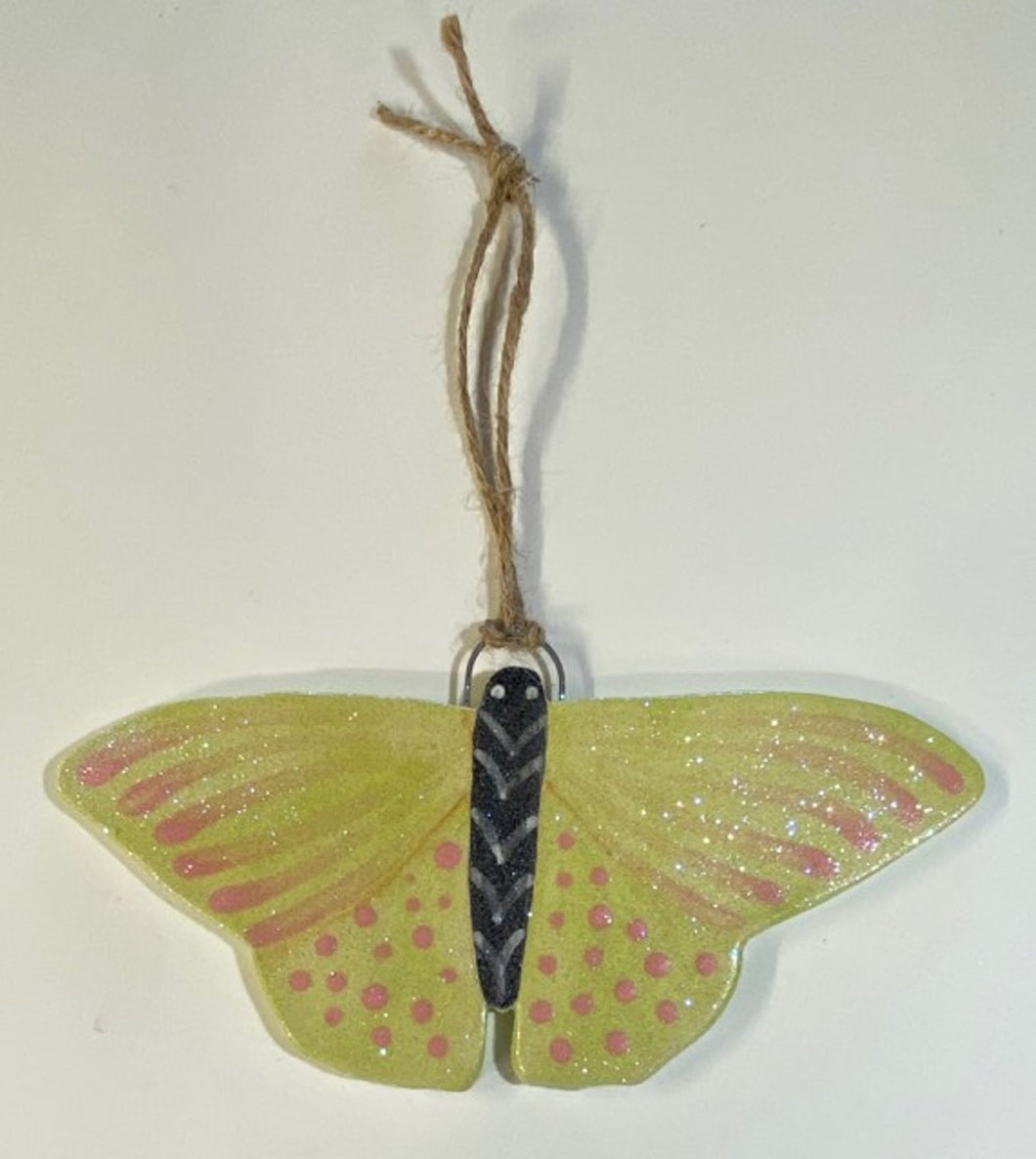 Hand Made Stoneware Pottery Butterfly Ornament Ceramic Yellow Glitter