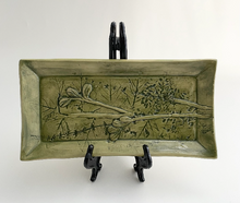 Load image into Gallery viewer, Hand Made Stoneware Pottery Tray Impressed &amp; Sculpted Botanical Design Green Flowers