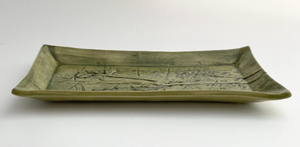 Hand Made Stoneware Pottery Tray Impressed & Sculpted Botanical Design Green Flowers