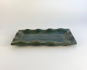 Hand Made Stoneware Pottery Ceramic Butter Dish Tray Blue Green