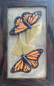 Hand Sculpted Stoneware Pottery Framed Art Tile Monarch Butterflies Ginkgo Leaves OOAK