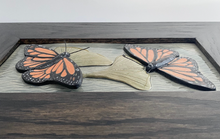 Load image into Gallery viewer, Hand Sculpted Stoneware Pottery Framed Art Tile Monarch Butterflies Ginkgo Leaves OOAK