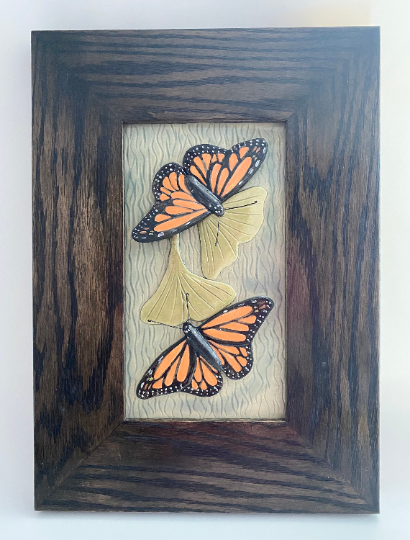 Hand Sculpted Stoneware Pottery Framed Art Tile Monarch Butterflies Ginkgo Leaves OOAK