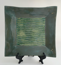 Load image into Gallery viewer, Hand Made Stoneware Pottery Square Tray Wavy Stripe Design Green