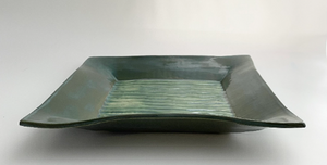 Hand Made Stoneware Pottery Square Tray Wavy Stripe Design Green