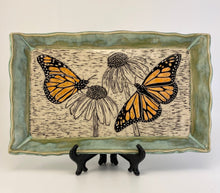Load image into Gallery viewer, Hand Made Stoneware Pottery Tray Sgraffito HP Monarch Butterflies Coneflower