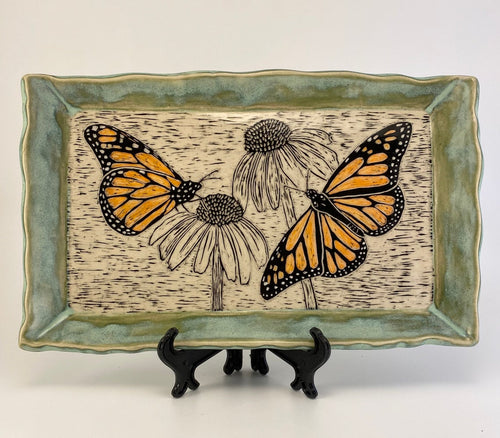 Hand Made Stoneware Pottery Tray Sgraffito HP Monarch Butterflies Coneflower