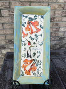 Hand Made Stoneware Pottery Tray Hand Painted Hummingbird Trumpet Vine