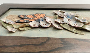 Hand Sculpted Stoneware Pottery Framed Art Tile Monarch Butterfly Blue Flowers OOAK