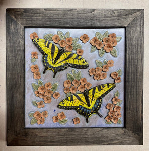 Hand Sculpted Stoneware Pottery Framed Art Tile Eastern Tiger Swallowtail Butterflies OOAK