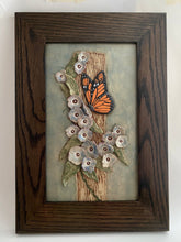 Load image into Gallery viewer, Hand Sculpted Stoneware Pottery Framed Art Tile Monarch Butterfly Blue Flowers OOAK