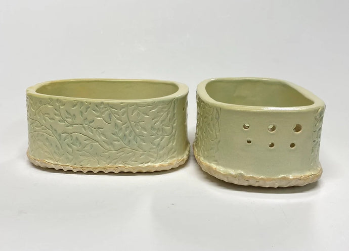 Hand Made Stoneware Pottery Herb Stripper Bowl Yellow Green Leaves Ceramic