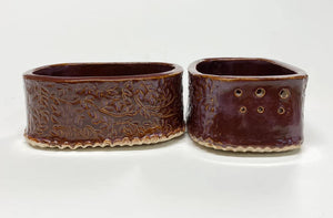 Hand Made Stoneware Pottery Herb Stripper Bowl Smokey Merlot Leaves Ceramic