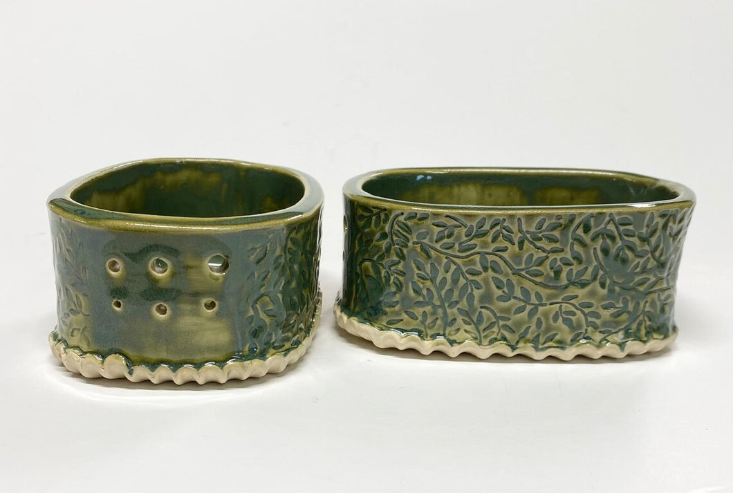 Hand Made Stoneware Pottery Herb Stripper Bowl Dark Green Leaves Ceramic