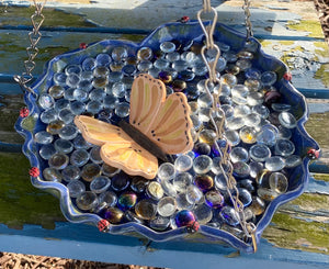 Hand Made Stoneware Ceramic Bee and Hummingbird Hanging Watering Dish Tray