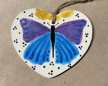 Load image into Gallery viewer, Stoneware Pottery Blue Purple Hand Painted Butterfly Heart Small Wall Hanger