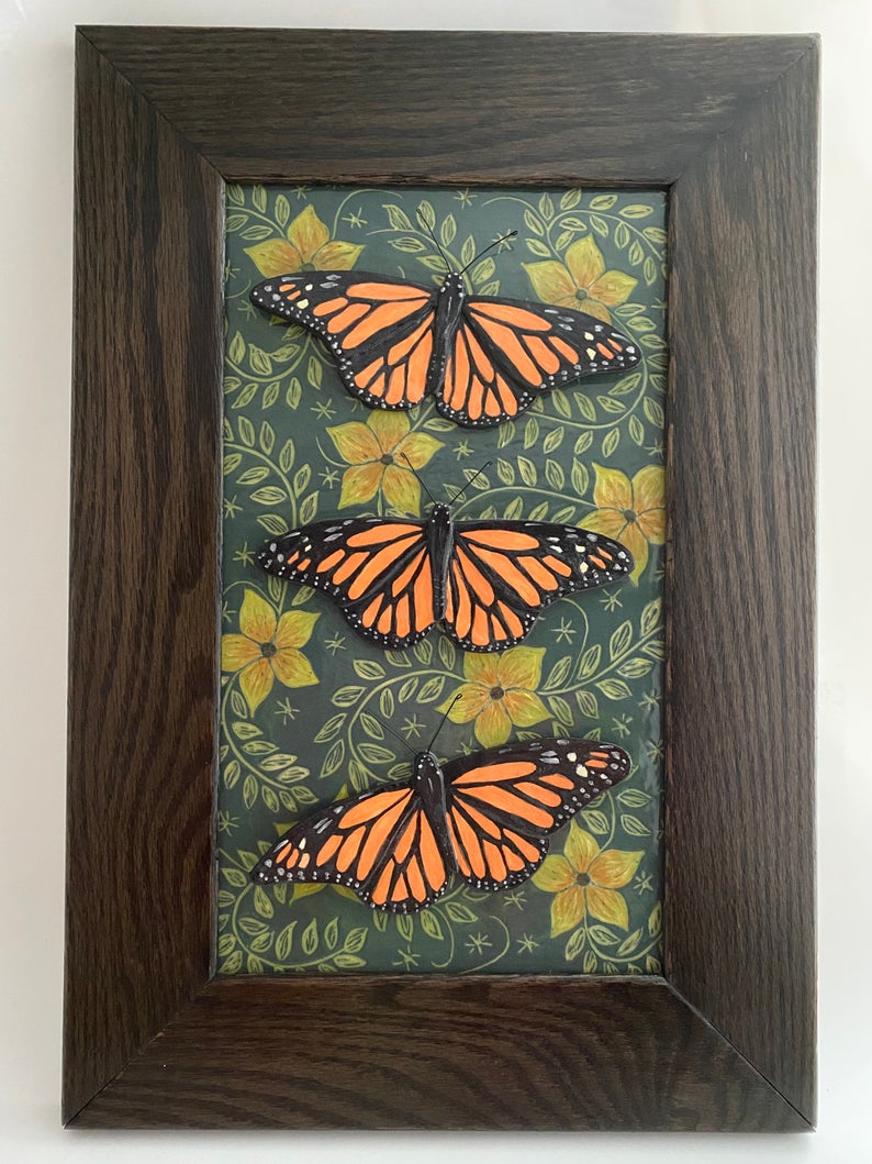 Hand Sculpted Stoneware Pottery Framed Art Tile 3 Monarch Butterflies Sgraffito Yellow Flowers