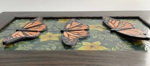 Hand Sculpted Stoneware Pottery Framed Art Tile 3 Monarch Butterflies Sgraffito Yellow Flowers