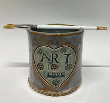 Load image into Gallery viewer, Hand Built Stoneware Pottery Paint Water Cup Pot with Brush Rest OOAK