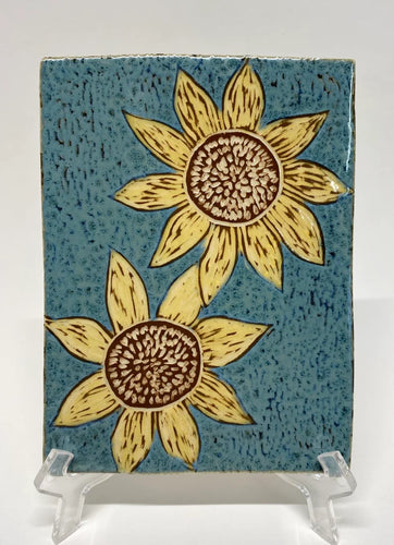 Hand Made Stoneware Pottery Ceramic Sgraffito Sunflower Art Tile