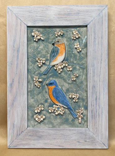 Hand Sculpted Stoneware Pottery Framed Art Tile Blue Birds OOAK 12 x 17
