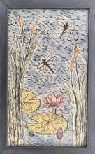 Load image into Gallery viewer, Hand Sculpted Stoneware Pottery Framed Art Tile Sgraffito Pond Life Cattails Lotus Dragonflies