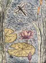 Load image into Gallery viewer, Hand Sculpted Stoneware Pottery Framed Art Tile Sgraffito Pond Life Cattails Lotus Dragonflies
