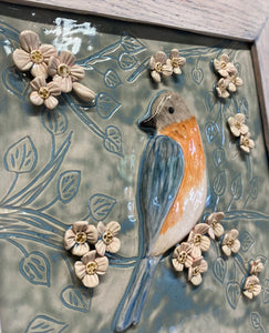 Hand Sculpted Stoneware Pottery Framed Art Tile Blue Birds OOAK 12 x 17