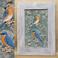 Load image into Gallery viewer, Hand Sculpted Stoneware Pottery Framed Art Tile Blue Birds OOAK 12 x 17