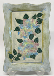 Hand Made Stoneware Art Pottery Ceramic Tray Sgraffito Hydrangea Flowers