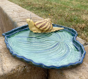 Hand Made Stoneware Pottery Hosta Leaf Tray With Sculpted Snail