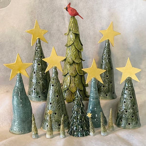 Stoneware Pottery Christmas Tree Holiday Decoration Lighted Green Luminary