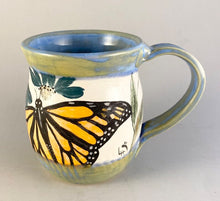 Load image into Gallery viewer, Wheel Thrown Pottery Small Coffee Tea Mug Cup Blue Hand Painted Monarch Butterflies Cone Flowers