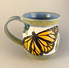 Load image into Gallery viewer, Wheel Thrown Pottery Small Coffee Tea Mug Cup Blue Hand Painted Monarch Butterflies Cone Flowers