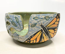 Load image into Gallery viewer, Wheel Thrown Pottery Yarn Bowl Sgraffito Monarch Butterflies Hand Painted