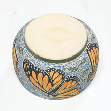 Load image into Gallery viewer, Wheel Thrown Pottery Yarn Bowl Sgraffito Monarch Butterflies Hand Painted