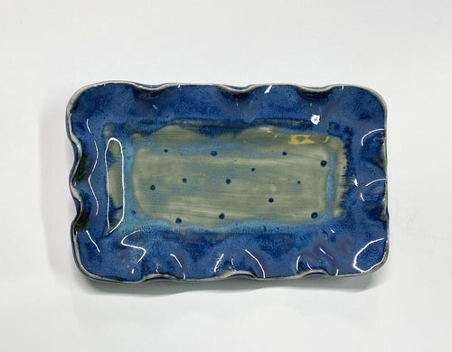 Hand Made Stoneware Pottery Ceramic Butter Dish Tray Blue