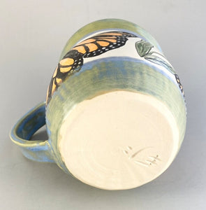 Wheel Thrown Pottery Small Coffee Tea Mug Cup Blue Hand Painted Monarch Butterflies Cone Flowers