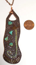 Load image into Gallery viewer, Hand Made Stoneware Abstract Pendant Necklace Leaves Turquoise Nugget Green Purple Copper Wire OOAK