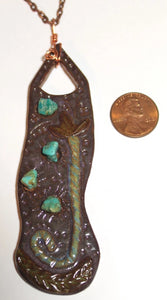 Hand Made Stoneware Abstract Pendant Necklace Leaves Turquoise Nugget Green Purple Copper Wire OOAK