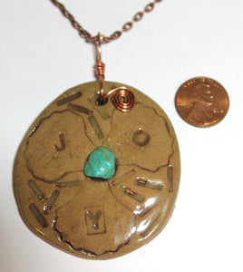 Hand Made Stoneware Pendant Necklace JOY Turquoise Nugget Tan Copper Wire OOAK
