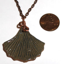 Load image into Gallery viewer, Hand Made Stoneware Pendant Necklace Ginkgo Leaf Gray Blue Copper Wire